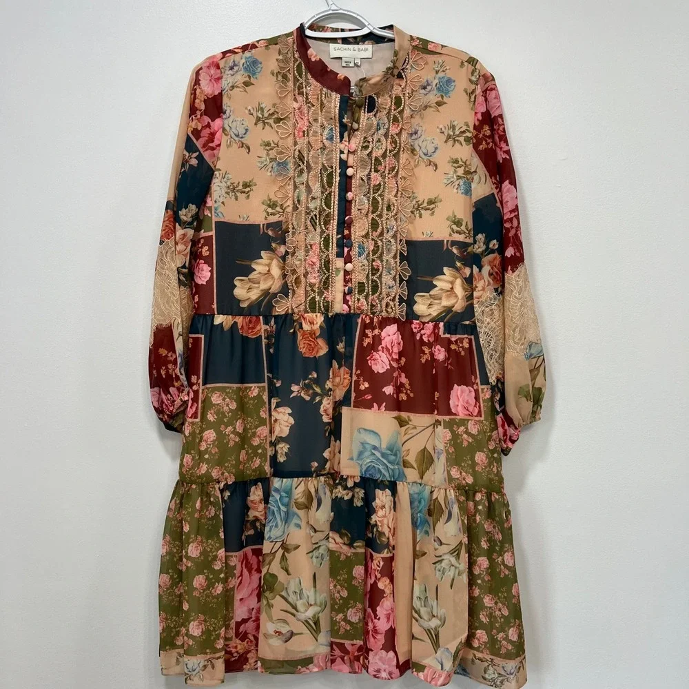 Sachin & Babi Womens Dress Medium NEW Moyer Floral Patchwork Ruffle Long Sleeve - Picture 1 of 8